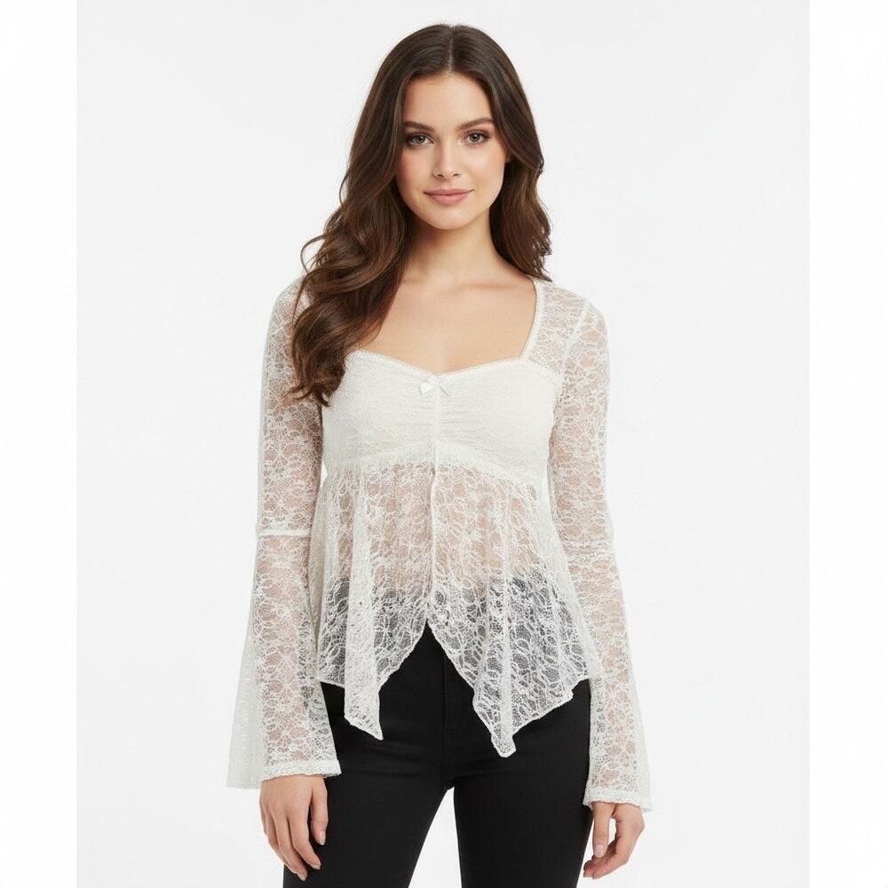 Sheer Y2K Fairy Grunge Lace Babydoll Top Long Bell Sleeve XS Handkerchief
